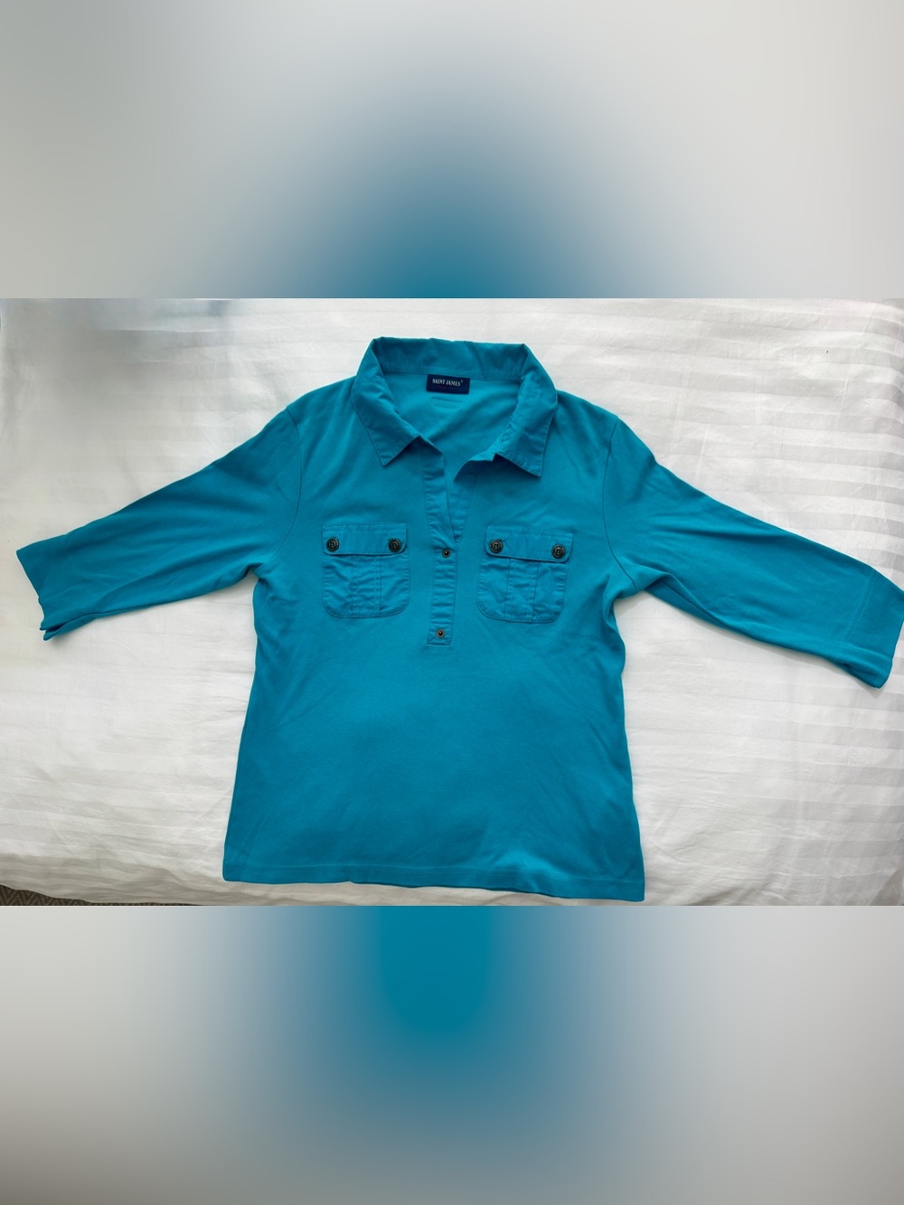 Saint James Oleron Polo Shirt Teal Blue Size 6, French 38, retail $179
